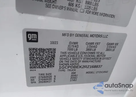 2024 Chevrolet Silverado 1500 4Wd Short Bed Custom z USA, uszkodzony, nr VIN 1GCPDBEK2RZ168837